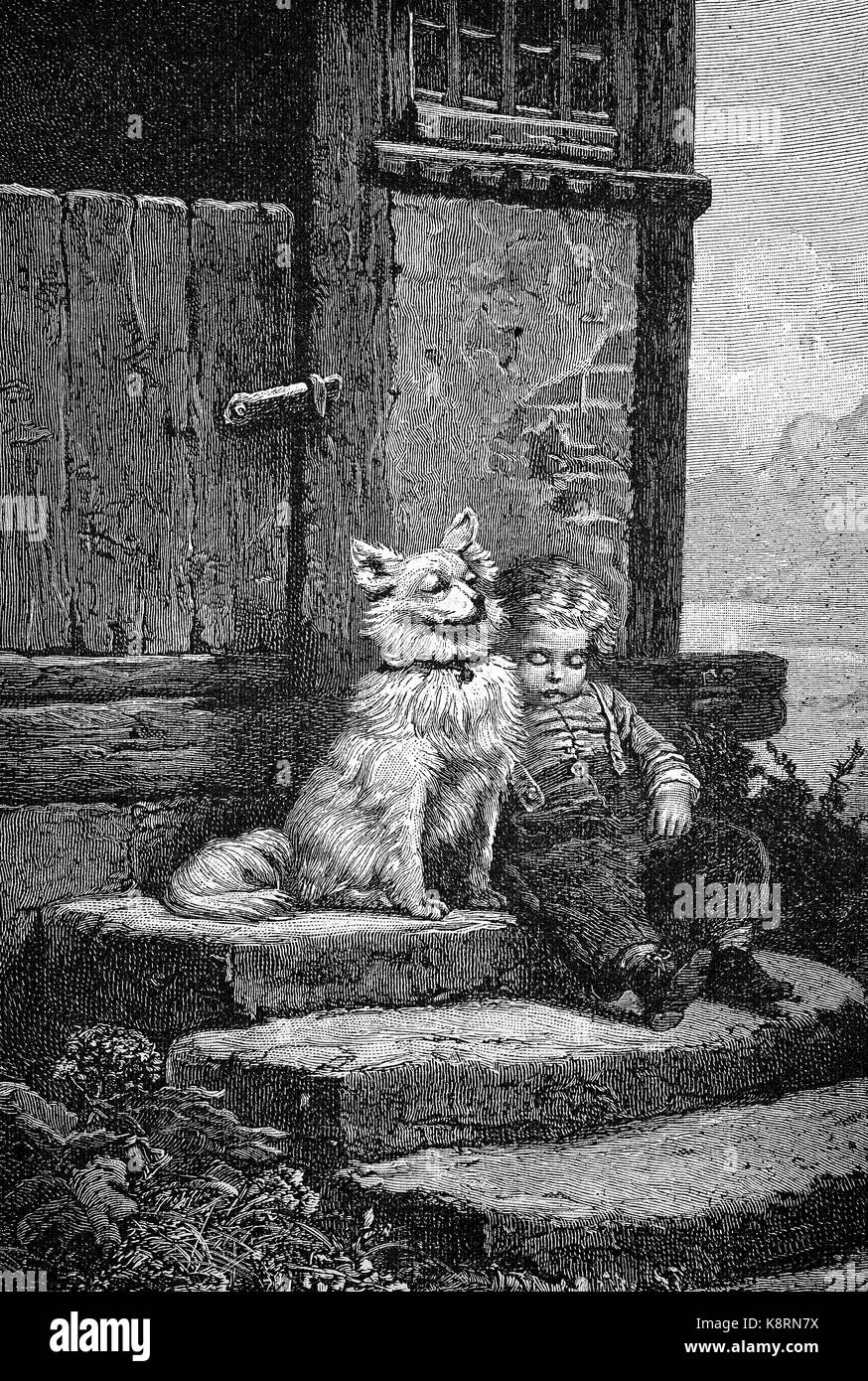 Le gardien, le chien garde le petit garçon, qui s'est endormie sur l'escalier, Der Wächter, Hund bewacht den kleinen Jungen der auf der Treppe eingeschlafen ist, amélioration numérique reproduction d'une gravure sur bois, publié dans le 19e siècle Banque D'Images