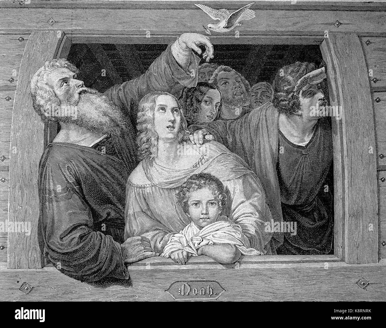 Noah und seine Familie empfängt die Taube bei ihrer Retour sur l'Arche de Noé, donnant le geste d'orant comme la colombe revient, l'amélioration numérique reproduction d'une gravure sur bois, publié dans le 19e siècle Banque D'Images
