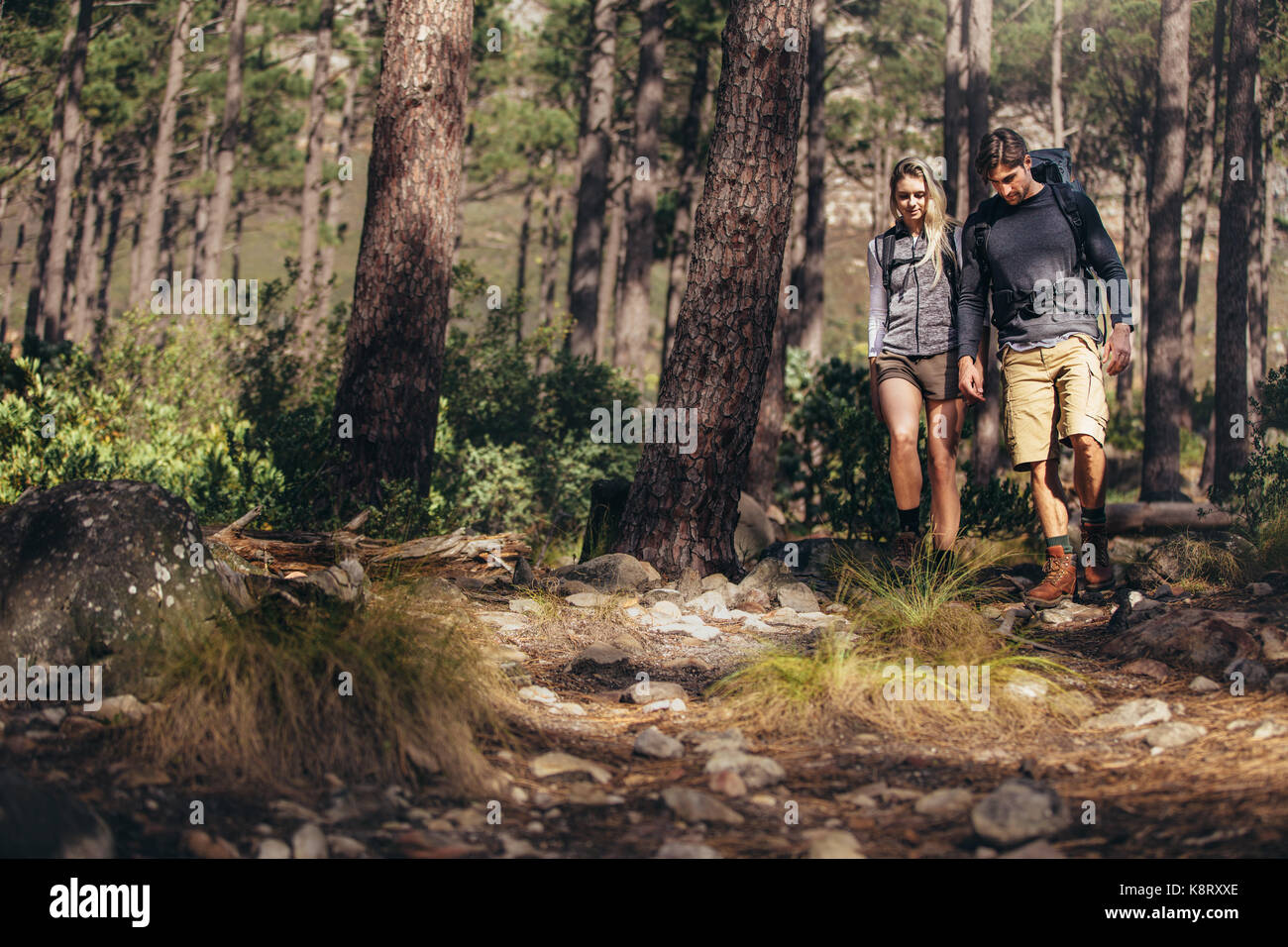 L'homme et la femme les randonneurs randonnée un sentier rocheux en forêt. Explorer la nature couple randonneur marchant à travers les bois. Banque D'Images