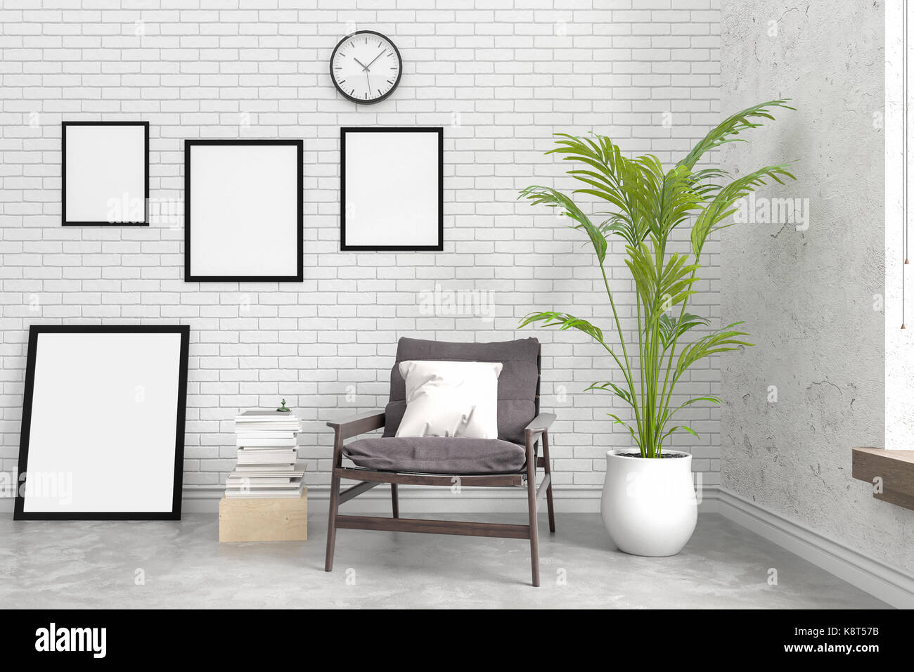 Mur intérieur en brique moderne avec cadre photo Blanc ,le rendu 3D Banque D'Images