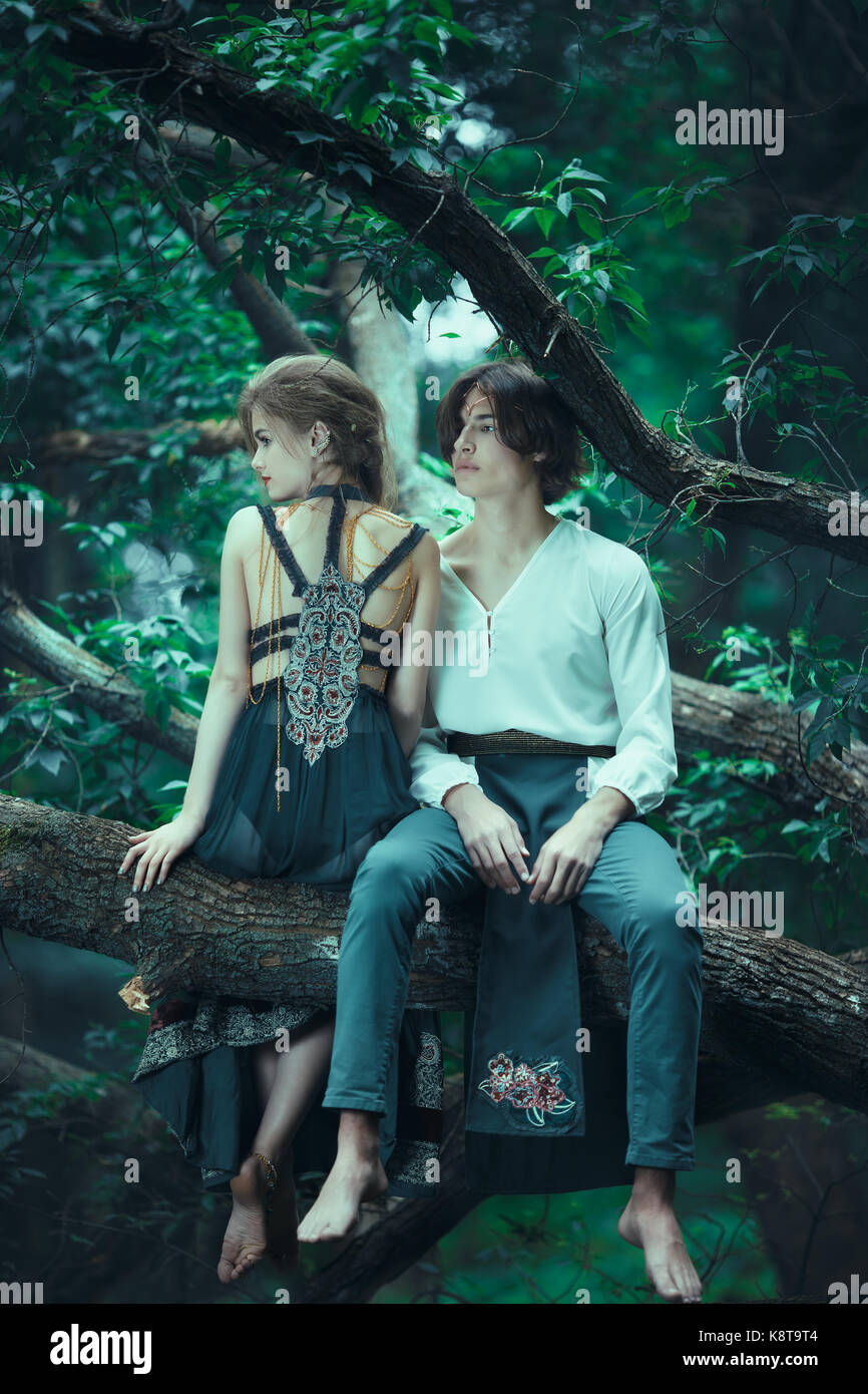 Jeune Couple D Elfes Dans L Amour De L Emplacement Sur La Branche Dans Une Foret Magique Sur La Nature Conte De L Amour Relation Et Magik Personnes Concept Photo Stock Alamy