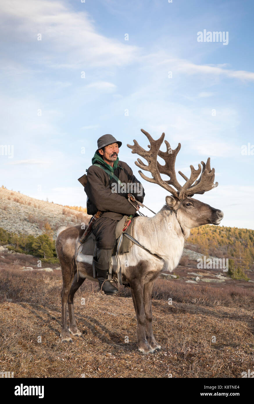 Homme tsaatan, vêtu d'un traditionnel deel, qui voyage avec ses rennes dans la taïga du nord de la Mongolie un Banque D'Images
