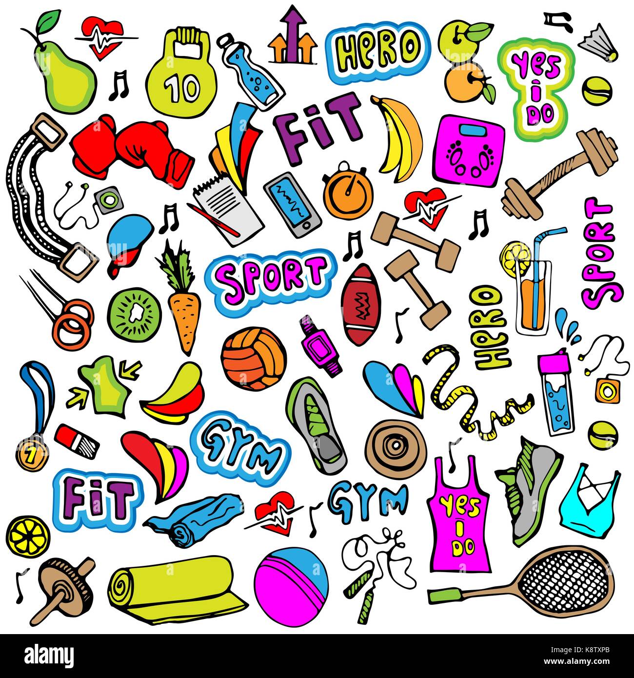 Icône dessin main sports et éléments. fitness et sport collection icône  colorée, cartoon doodle des légendes du sport Image Vectorielle Stock -  Alamy