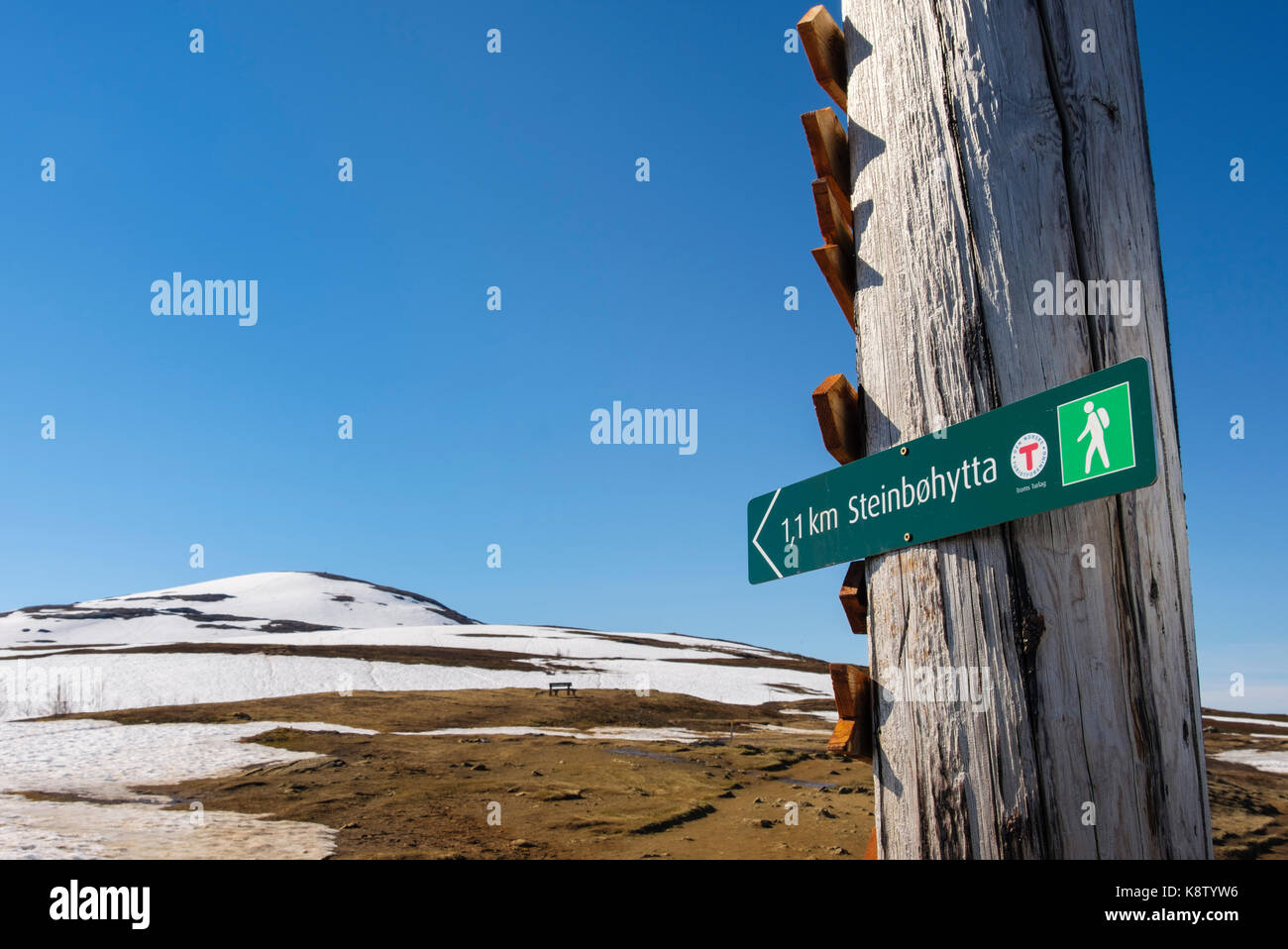 Den Touristforening scandinave la distance et la direction signe sur pied à Steinbohytta refuge de montagne sur le mont Storsteinen. Tromso, Troms, Norvège, Scandinavie Banque D'Images