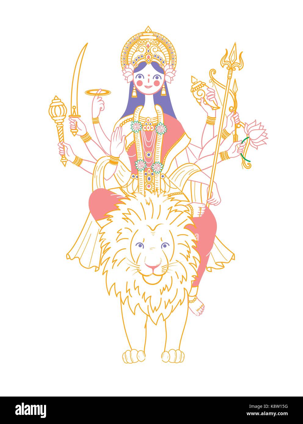 Icône de la Déesse Durga avec beaucoup de mains à cheval sur un lion (navratri). icône dans le style linéaire Illustration de Vecteur