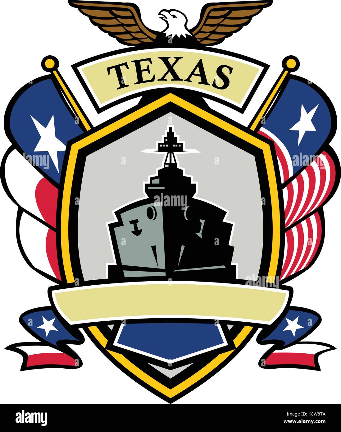 Style d'icône illustration d'un cuirassé de la marine du Texas avec texas Lone Star et de la marine sur le côté du pavillon et American Eagle jusqu'haut de page Définir l'intérieur de la crête du bouclier de forme. Illustration de Vecteur