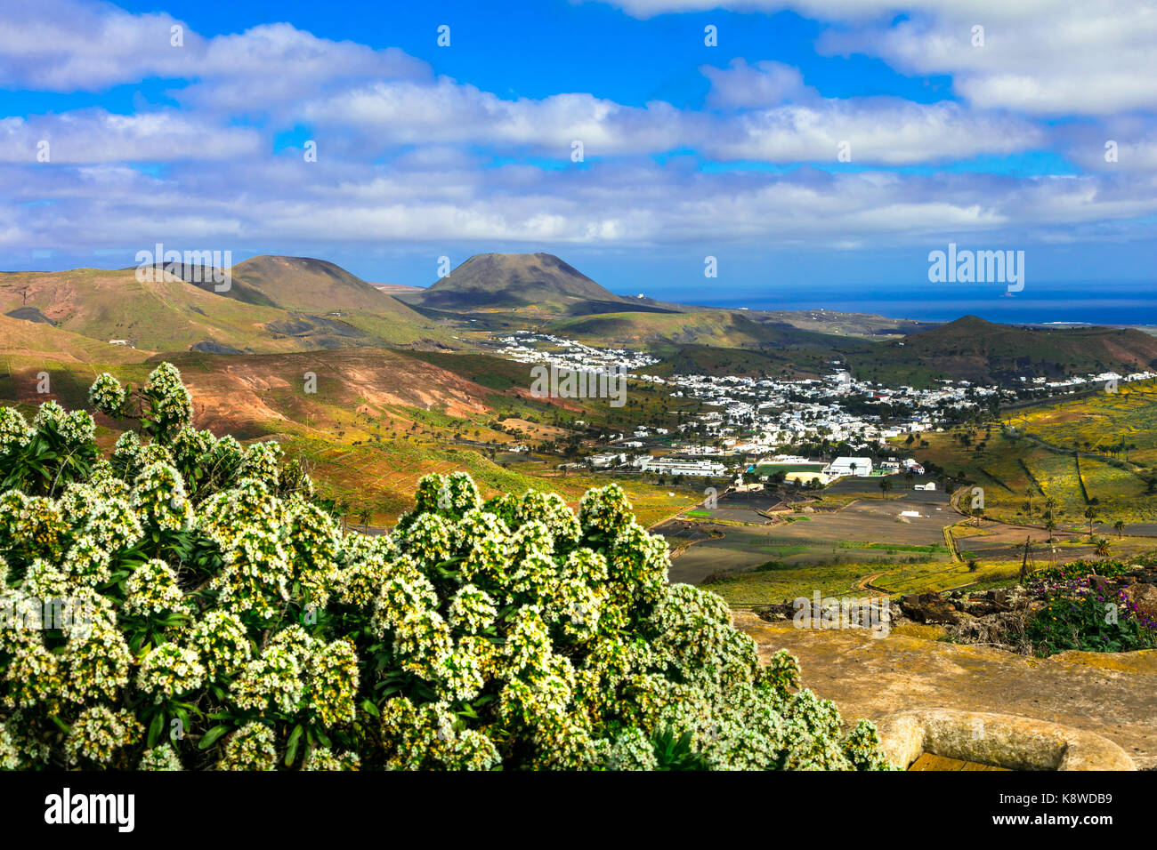 Paysage volcanique de Lanzarote island,vue panoramique,hôtellerie,Espagne. Banque D'Images