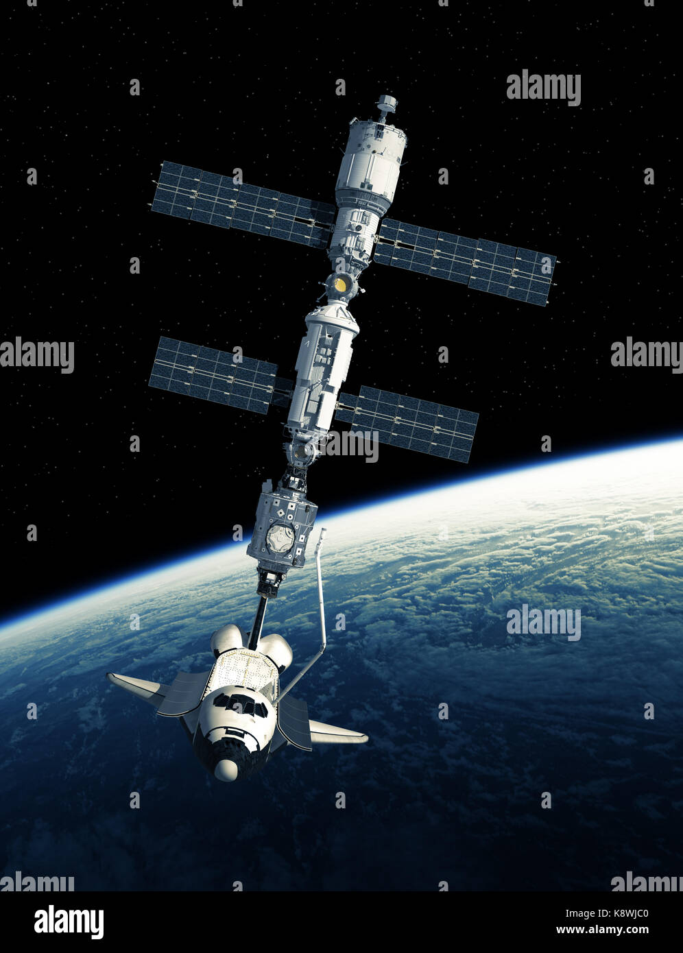 Navette spatiale et la station spatiale internationale sur fond de planète terre Banque D'Images