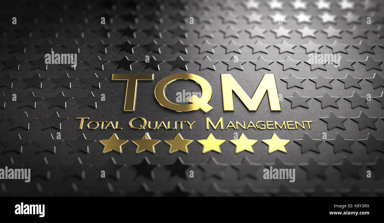 Accronym et tqm total quality management le texte écrit en lettres d'or sur fond noir avec des étoiles Banque D'Images