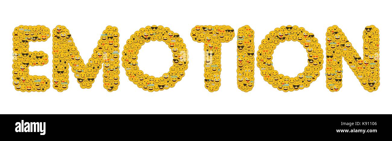 Le mot émotion écrit en caractères emoji médias sociaux smiley Banque D'Images
