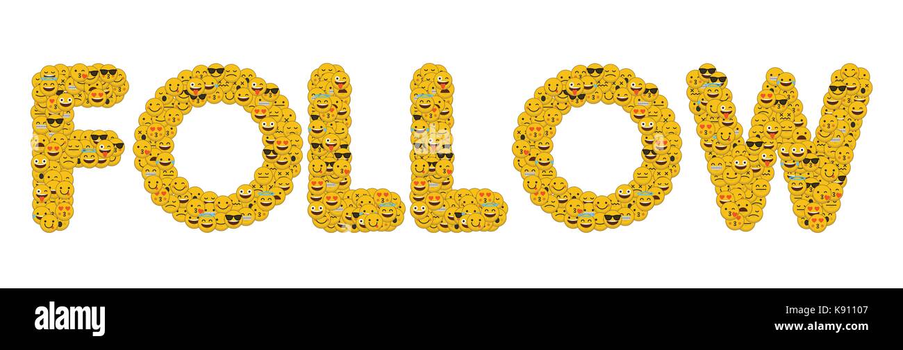 Suivre le mot écrit en caractères emoji médias sociaux smiley Banque D'Images