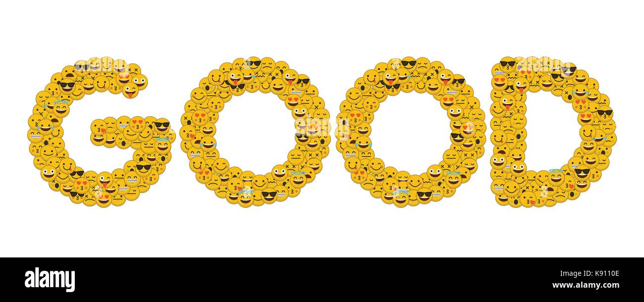 Le mot bon écrit en caractères emoji médias sociaux smiley Banque D'Images