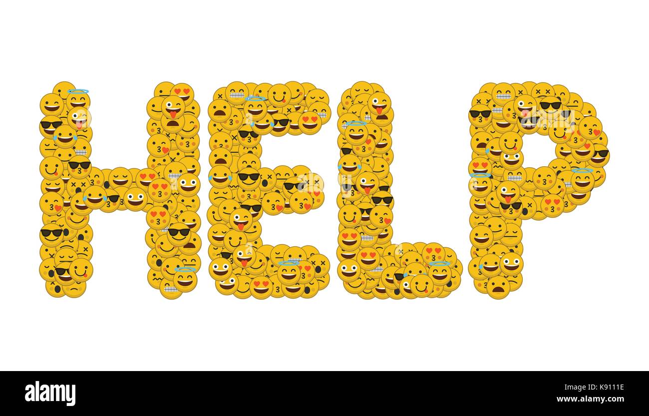 Le mot help écrit en caractères emoji médias sociaux smiley Banque D'Images