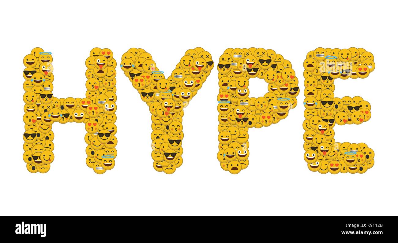 Le mot hype écrit en caractères emoji médias sociaux smiley Banque D'Images
