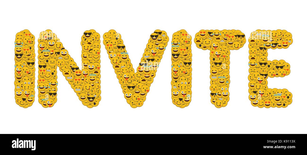 Inviter le mot écrit en caractères emoji médias sociaux smiley Banque D'Images