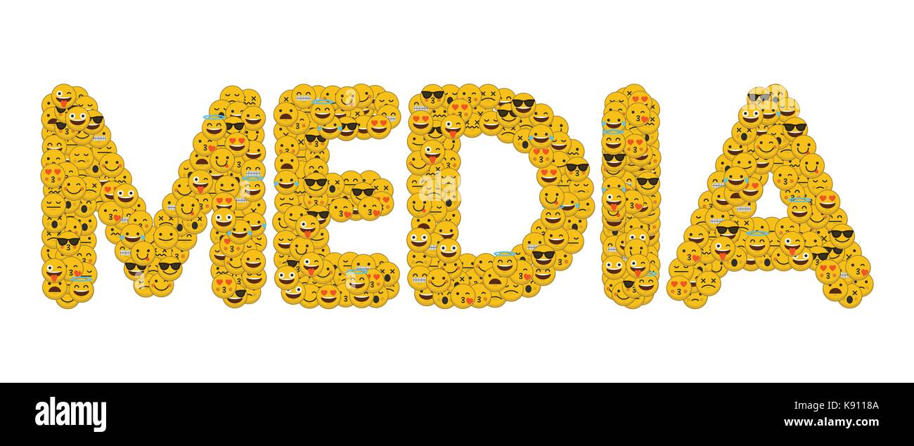 Le mot media écrit en caractères emoji médias sociaux smiley Banque D'Images