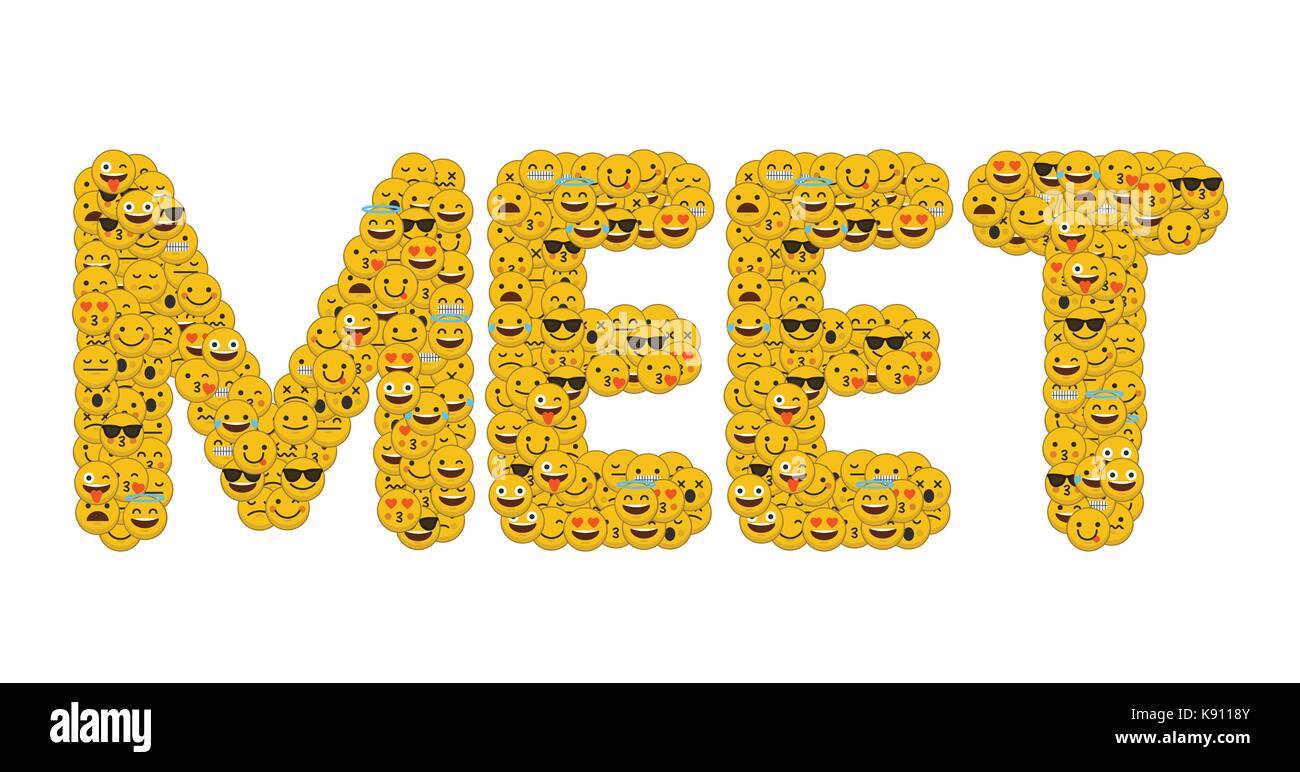 Le mot rencontrez écrit en caractères emoji médias sociaux smiley Banque D'Images