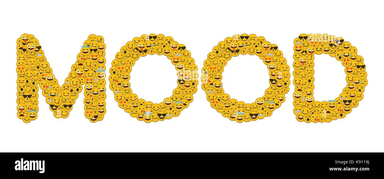 Le mot écrit de l'humeur dans les médias sociaux caractères emoji smiley Banque D'Images