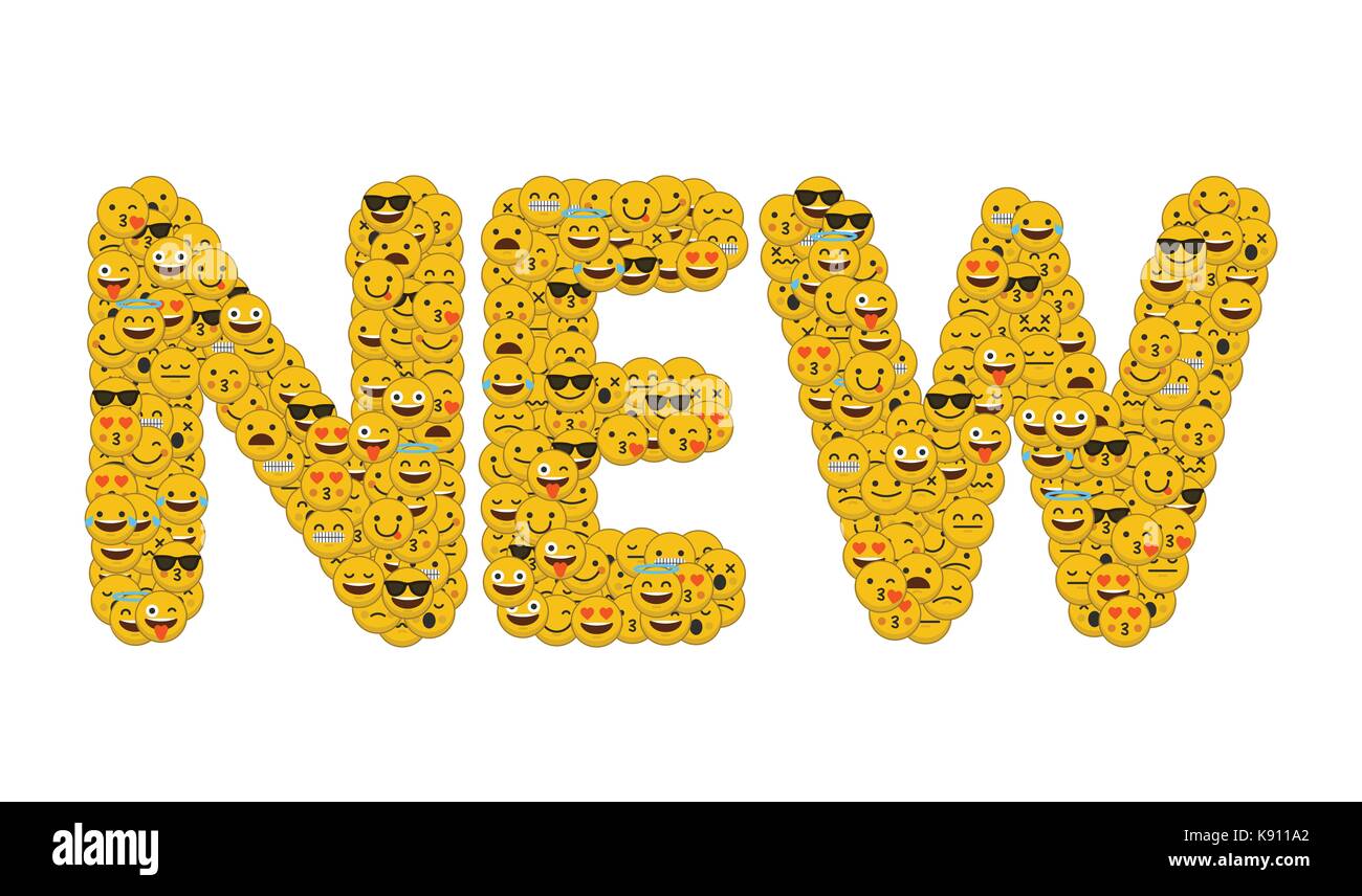Le nouveau mot écrit en caractères emoji médias sociaux smiley Banque D'Images