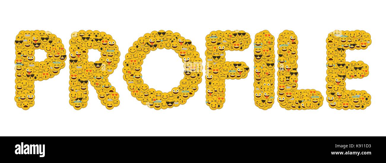 Le mot 'profil' écrit en caractères emoji médias sociaux smiley Banque D'Images