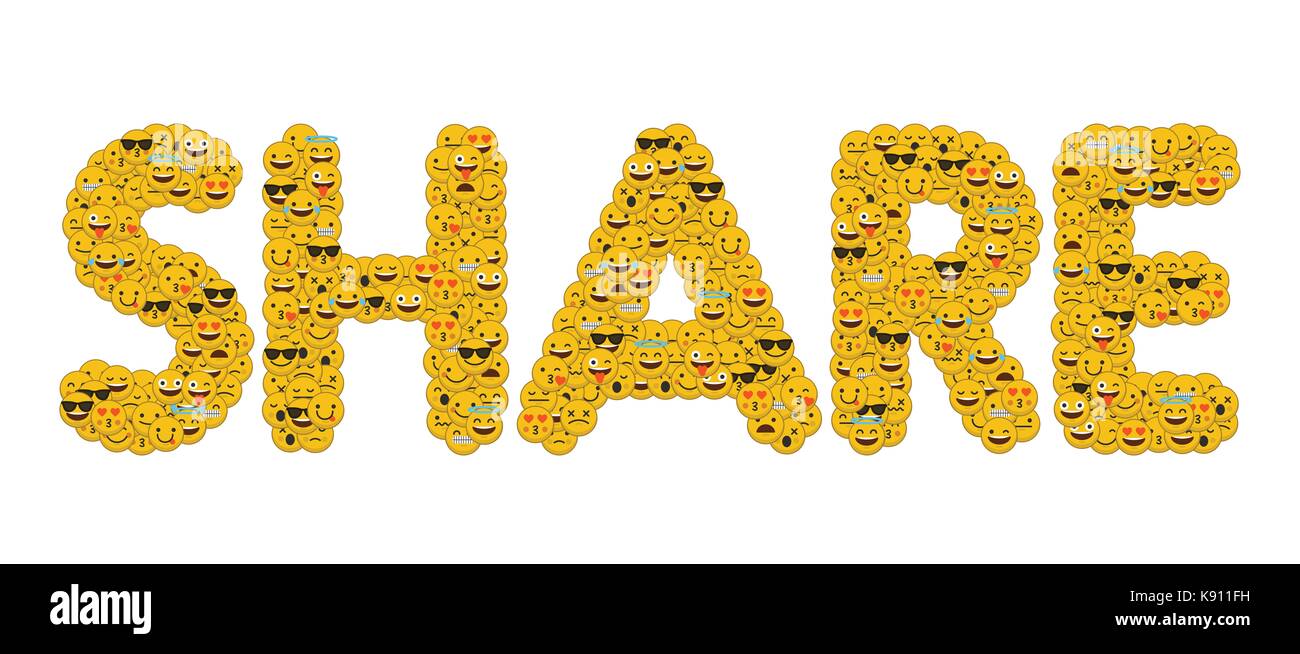 Partager le mot écrit en caractères emoji médias sociaux smiley Banque D'Images