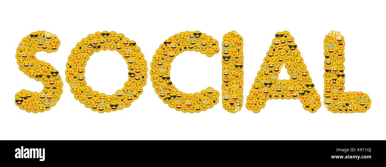 Le mot écrit en social media social caractères emoji smiley Banque D'Images