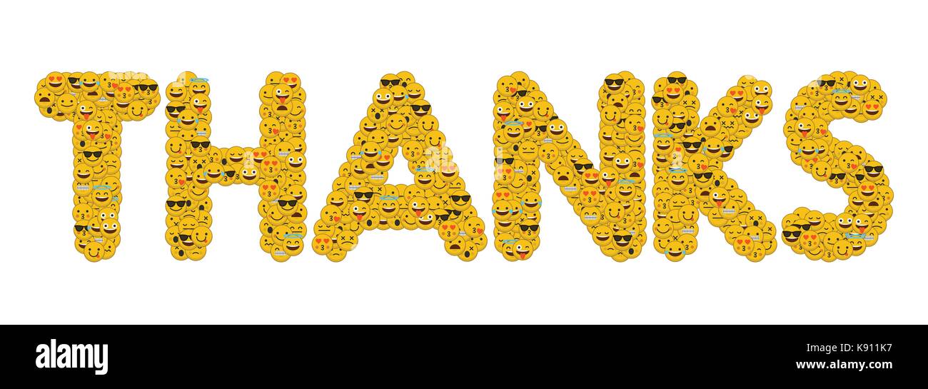 Le mot merci écrit en caractères emoji médias sociaux smiley Banque D'Images