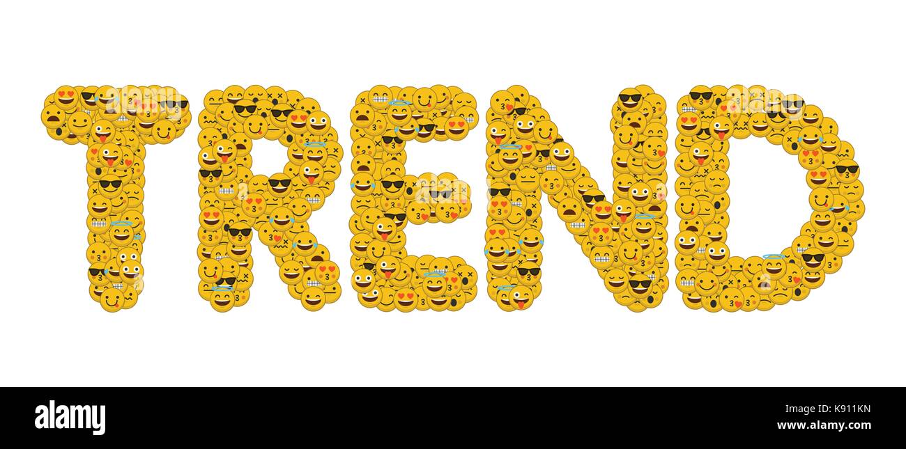 Le mot tendance écrit en caractères emoji médias sociaux smiley Banque D'Images