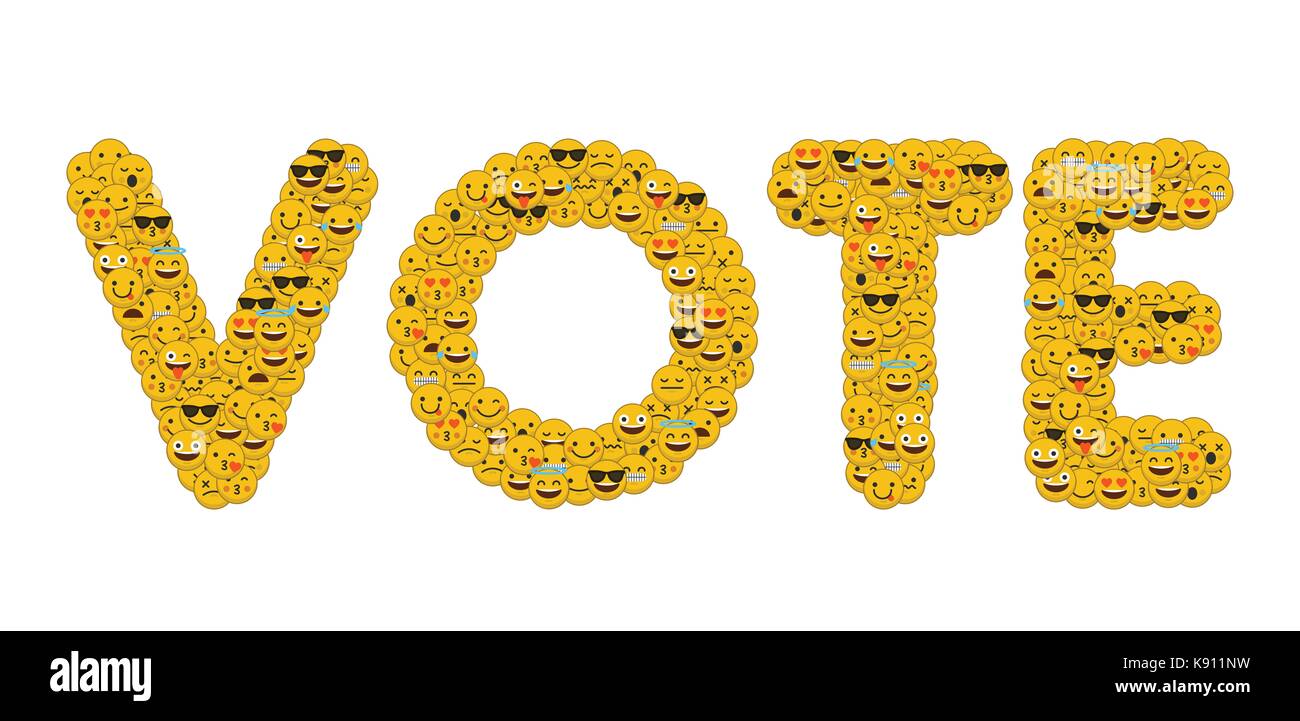 Le mot vote écrit en caractères emoji médias sociaux smiley Banque D'Images