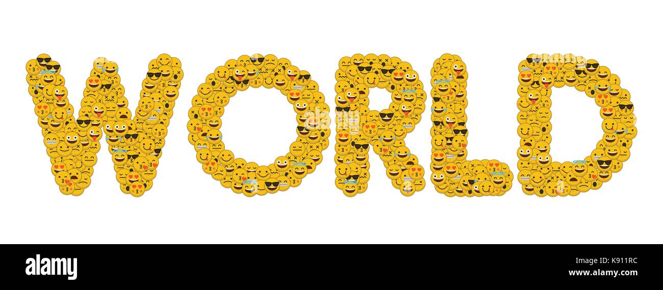 Le mot monde écrit en caractères emoji médias sociaux smiley Banque D'Images