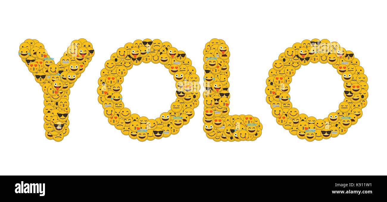 Le mot yolo écrit en caractères emoji médias sociaux smiley Banque D'Images