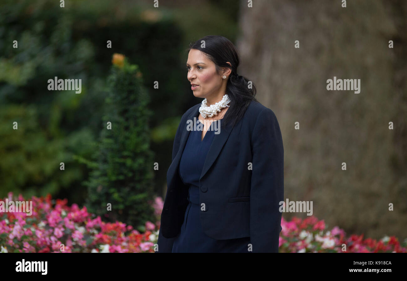 Downing Street, Londres, Royaume-Uni. 21 septembre 2017. La PM Theresa May convoque une réunion spéciale du cabinet au n° 10 après son retour de New York, avant de se rendre à Florence le vendredi 22 septembre pour prononcer un discours majeur sur le Brexit. Photo : Priti Patel, Secrétaire d'État au développement international. En novembre 2017, elle a démissionné de son poste de secrétaire d'État au développement international à la suite de divulgations dans les journaux. Crédit : Malcolm Park/Alay Live News. Banque D'Images Downing Street, Londres, Royaume-Uni. 21 septembre 2017. La PM Theresa May convoque une réunion spéciale du cabinet au n° 10 après son retour de New York, avant de se rendre à Florence le vendredi 22 septembre pour prononcer un discours majeur sur le Brexit. Photo : Priti Patel, Secrétaire d'État au développement international. En novembre 2017, elle a démissionné de son poste de secrétaire d'État au développement international à la suite de divulgations dans les journaux. Crédit : Malcolm Park/Alay Live News. Banque D'Images