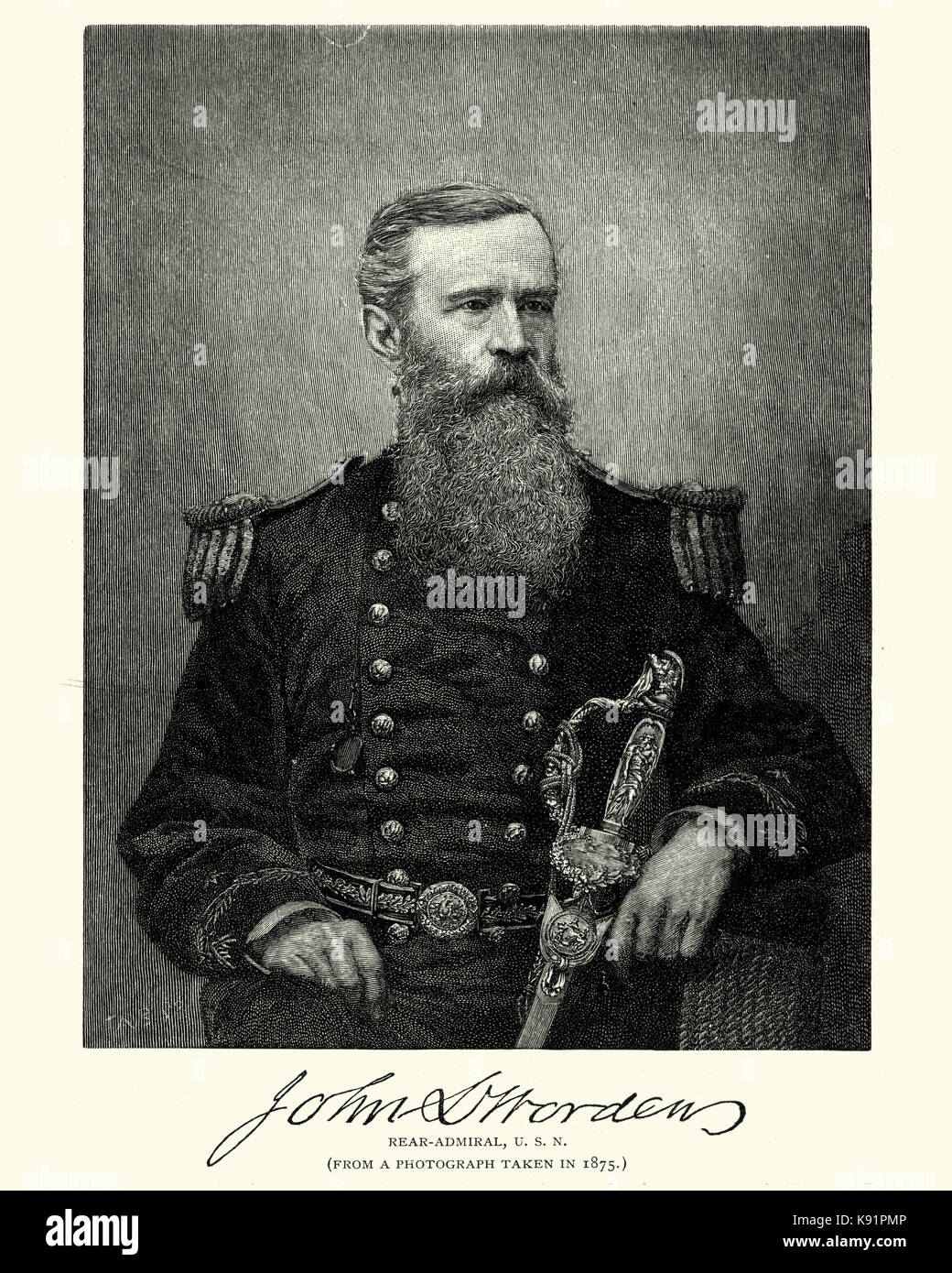 Vintage gravure de john lorimer worden, (12 mars 1818 - 19 octobre 1897) était un officier de la marine américaine dans la guerre civile américaine, qui a pris part à la Banque D'Images
