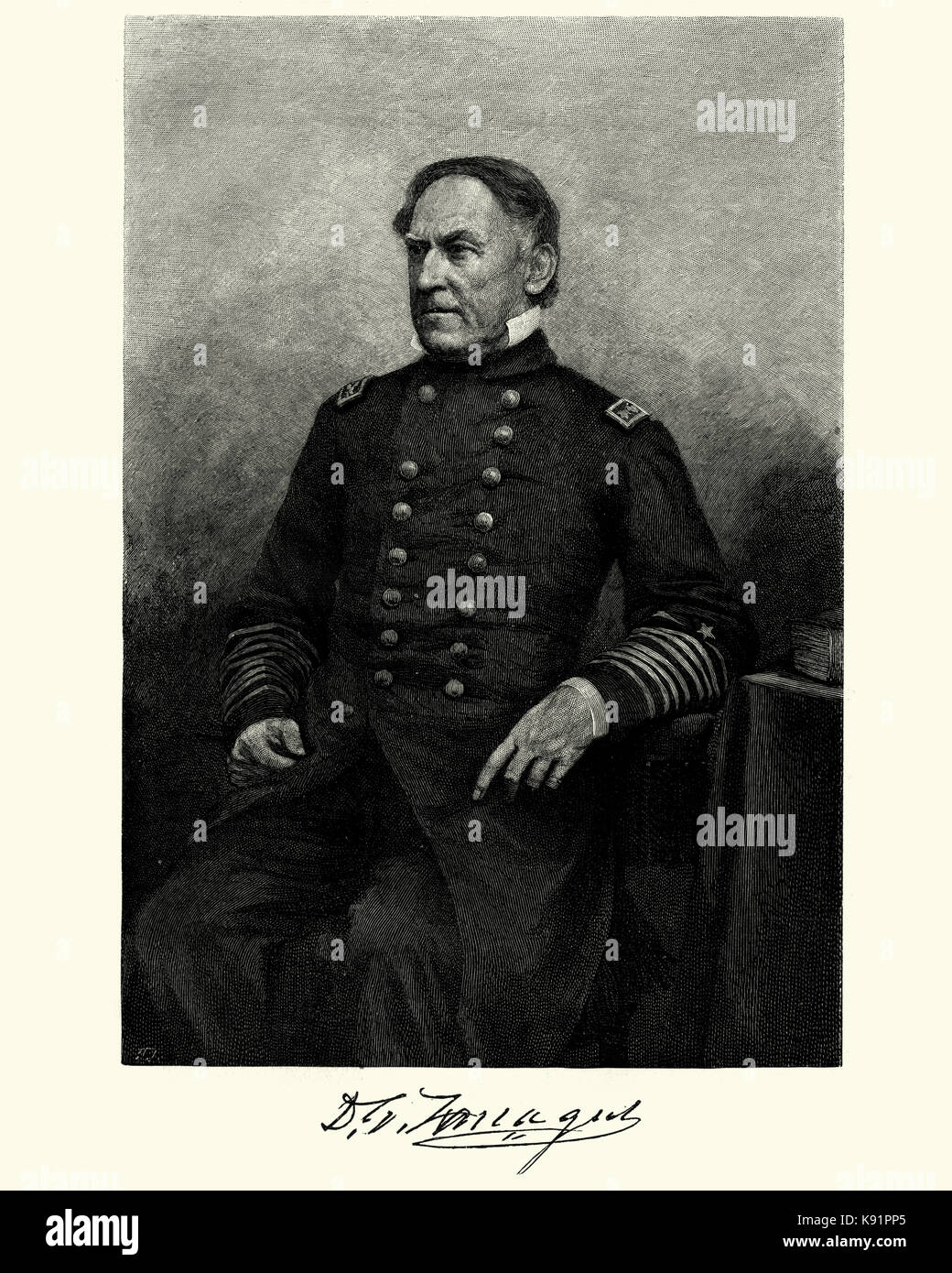 Vintage gravure de david farragut (1801 à août 14, 1870) était un officier général de la marine des États-Unis pendant la guerre civile américaine. Banque D'Images