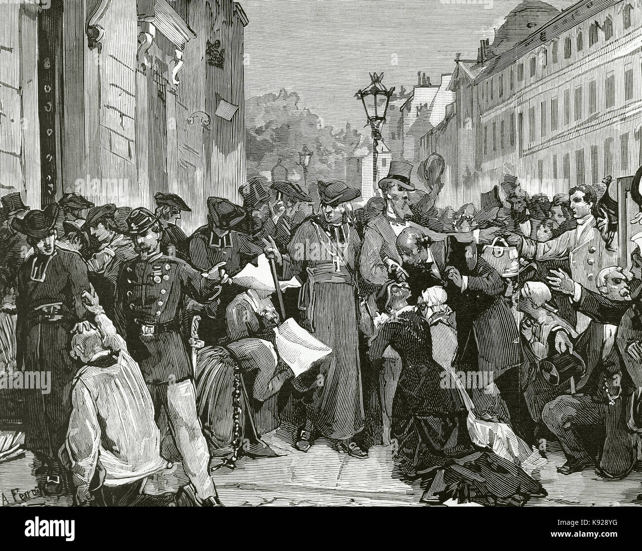 La France. Paris, le 30 juin 1885. Expulsion des Jésuites. Manifestation populaire d'affection lorsque les Pères Jésuites quittent leur maison à la rue de Sèvres. La gravure. 'La Ilustracion Espanola y Americana', 1880. Banque D'Images