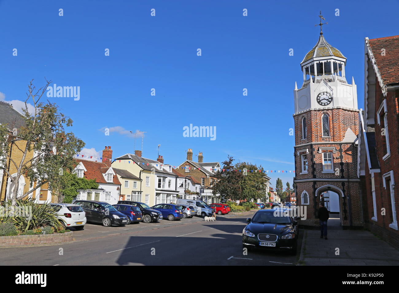 Tour de l'horloge construite en 1877 en mémoire de Laban Sweeting, High Street, Burnham-on-Crouch, Maldon, Essex, Angleterre, Grande-Bretagne, Royaume-Uni, UK, Europe Banque D'Images