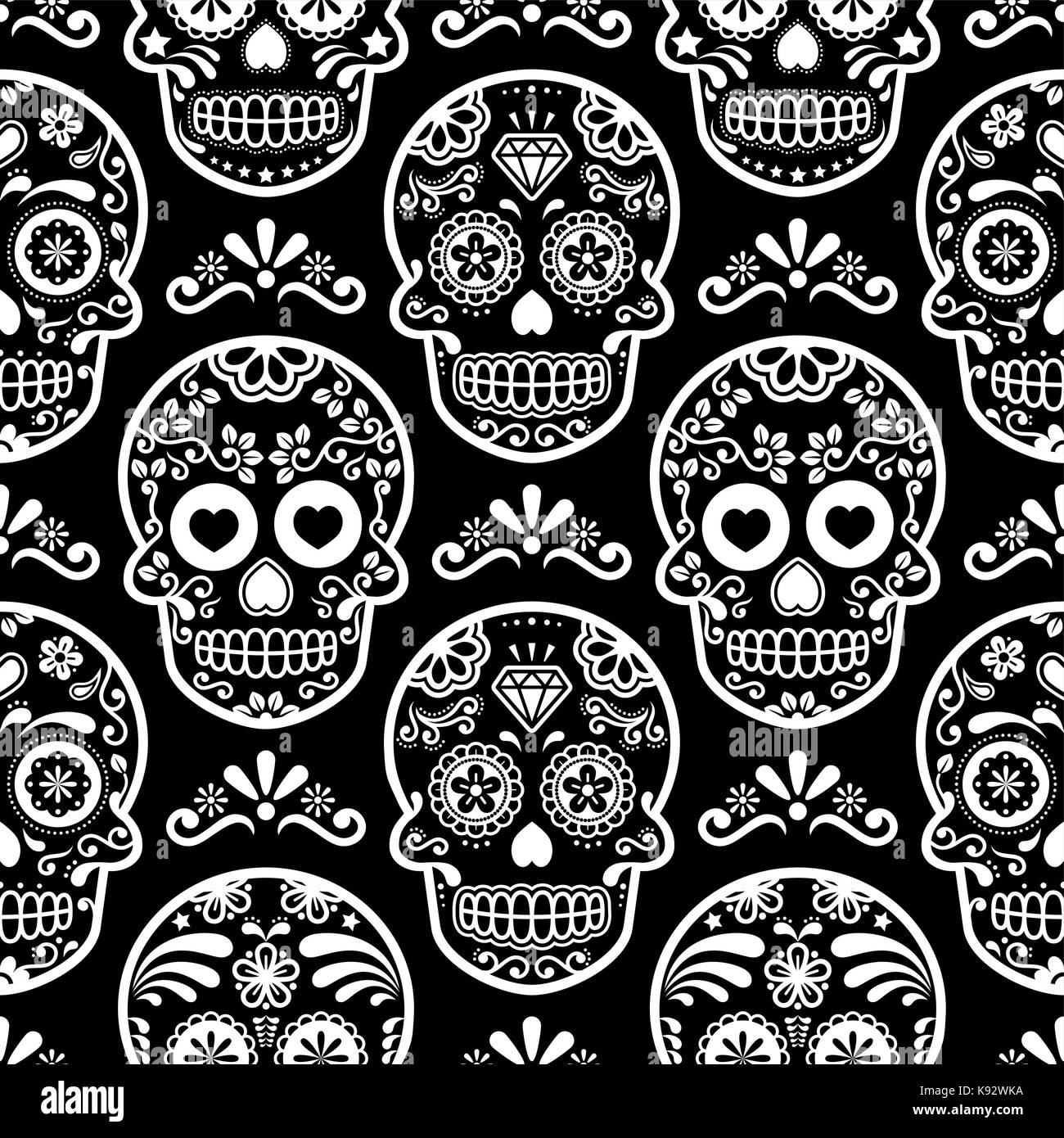 Vecteur crâne halloween modèle sans couture, cuisine mexicaine cute black skulls avec os design, dia de los muertos background Illustration de Vecteur