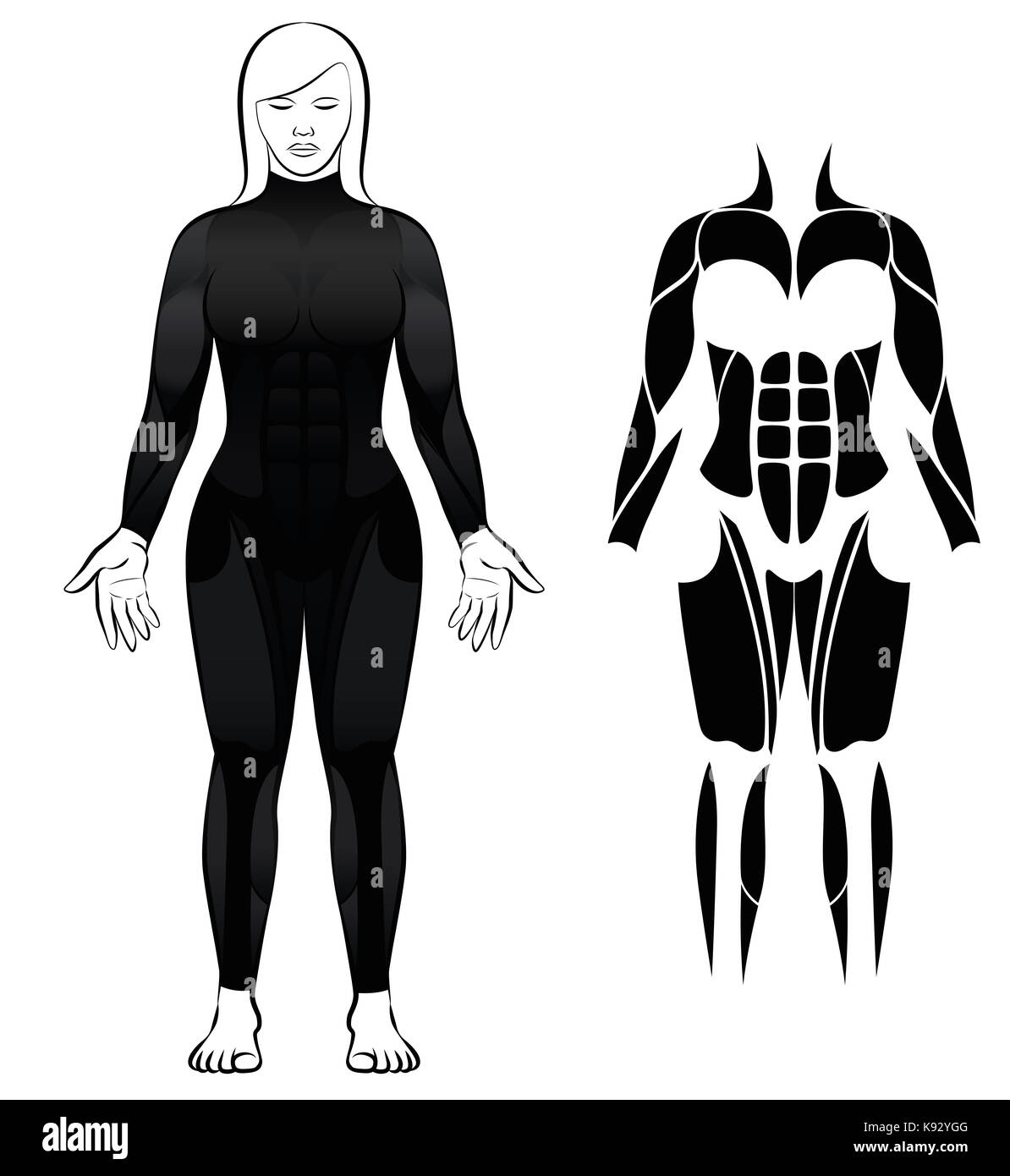 Wetsuit - woman in black, combinaison de plongée et abstraite noir figure ou l'icône des plus grands muscles femelle - illustration sur fond blanc. Banque D'Images