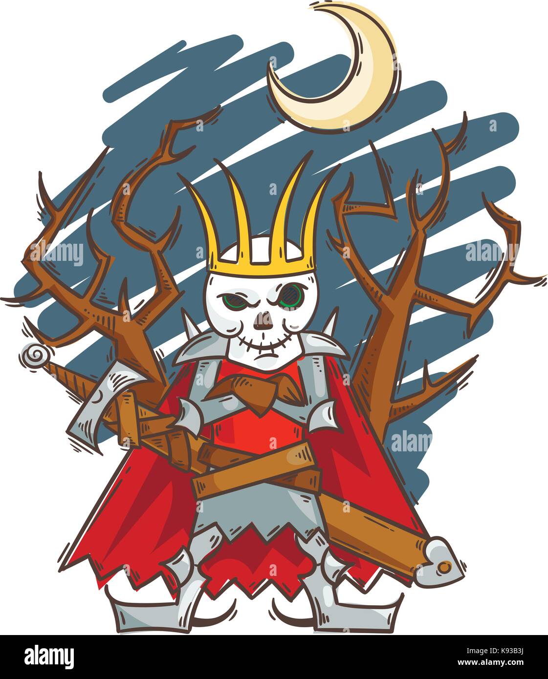Cartoon doodle fédération de roi-liche. koschey avec épée et lune. vector illustration halloween Illustration de Vecteur