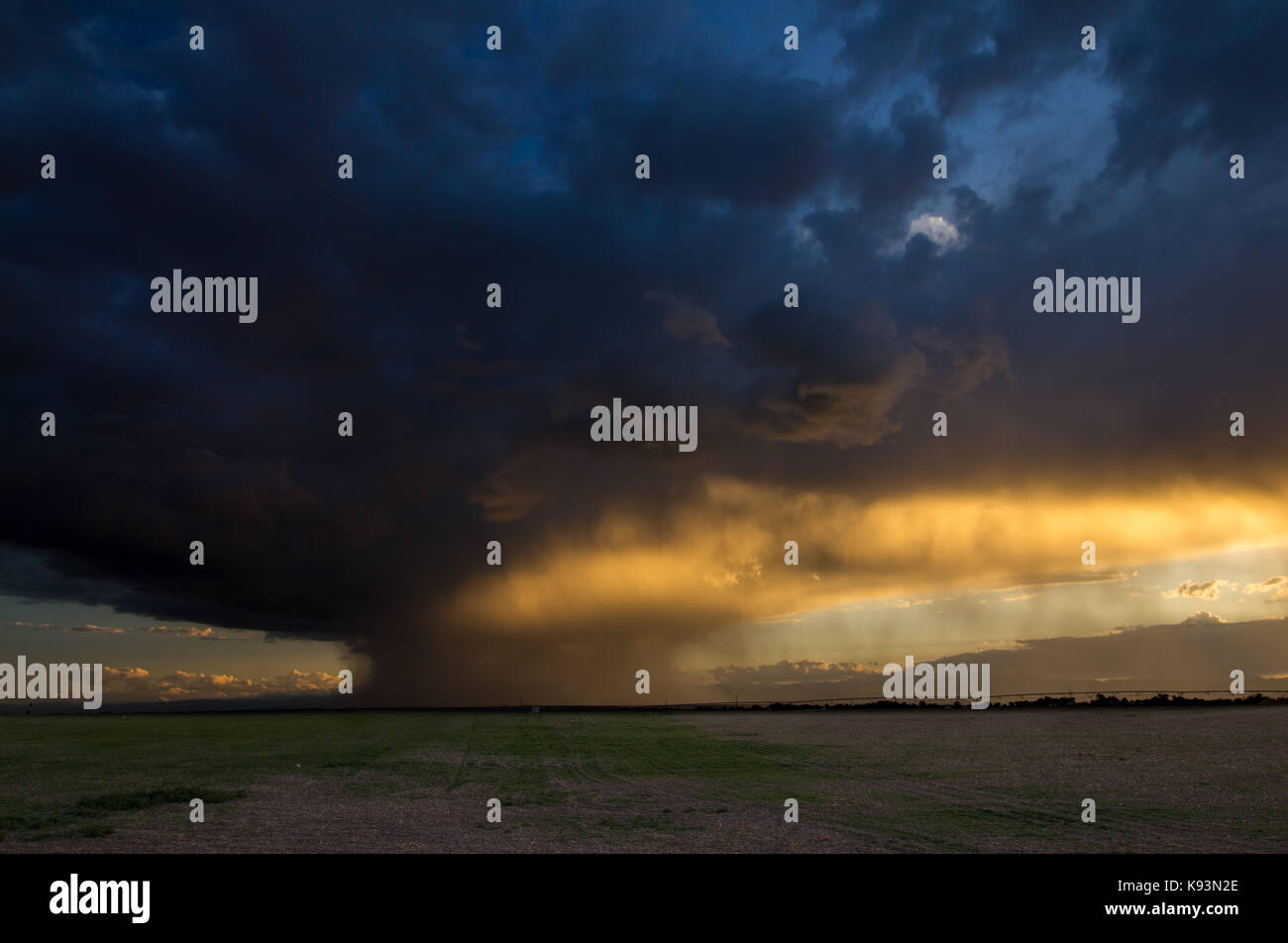 À partir de la lumière du soleil brille dans de l'ouest, éclairant la pluie avec une lumière dorée comme il tombe des nuages au-dessus. Banque D'Images