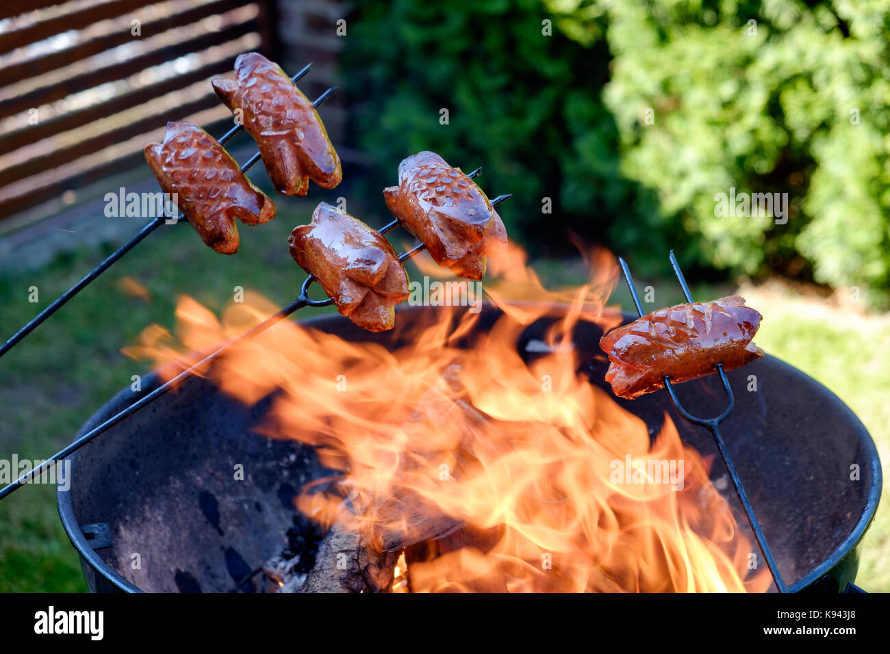 Préparation de saucisses sur feu de camp Banque D'Images