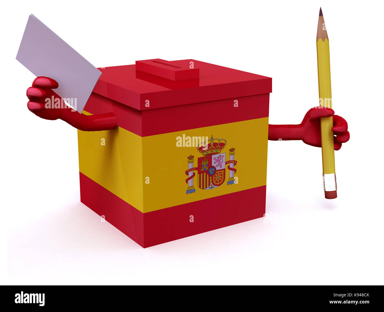 Election espagnole, boîte de scrutin, bras, jambes, papier d'enveloppe et crayon sur les mains, illustration 3d Banque D'Images