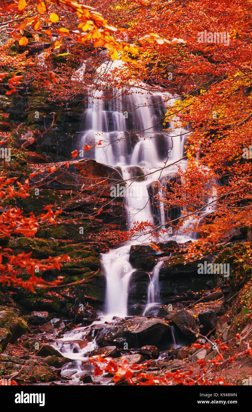 Cascade rocheuse en forêt d'automne Banque D'Images