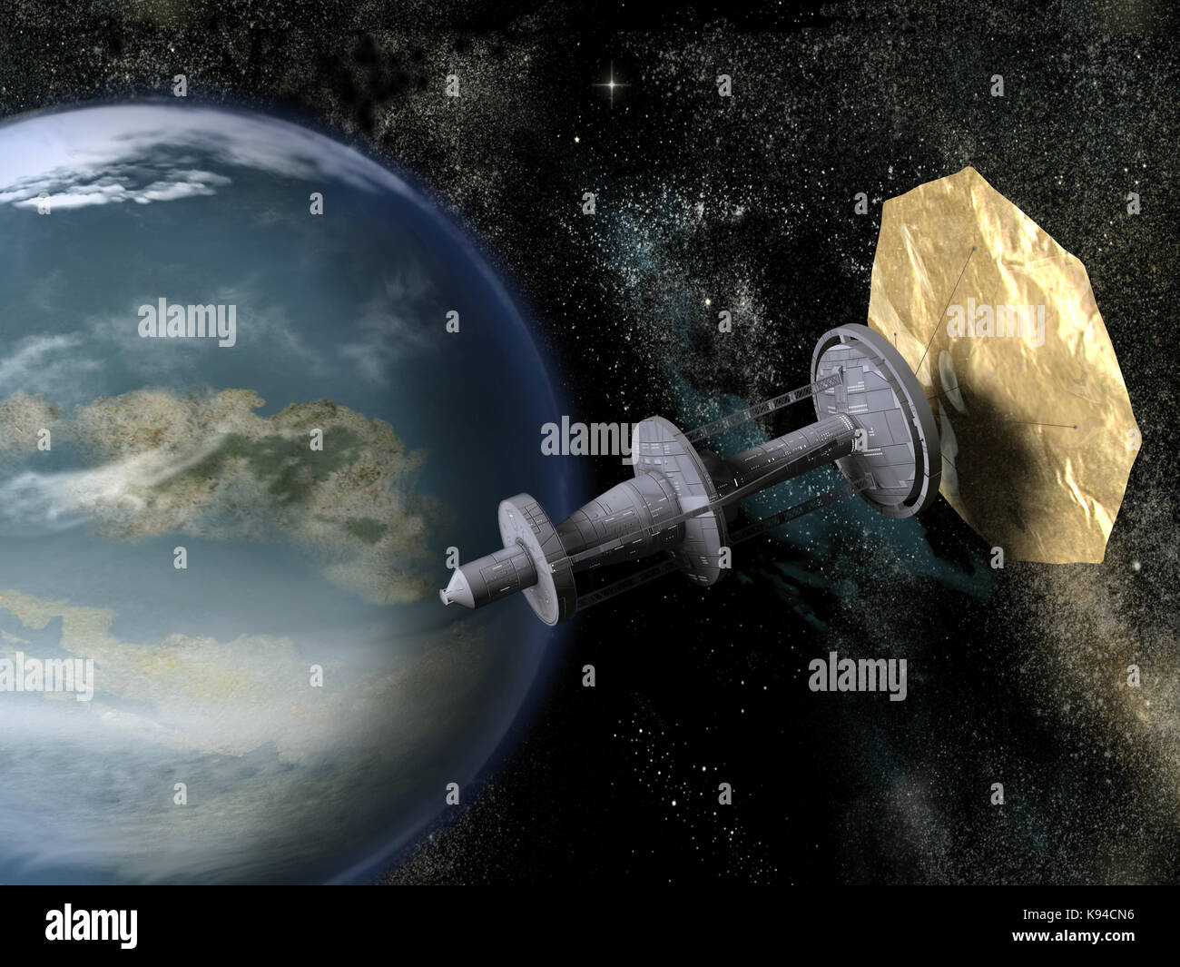 Sonde avec voile solaire près d'une planète Banque D'Images
