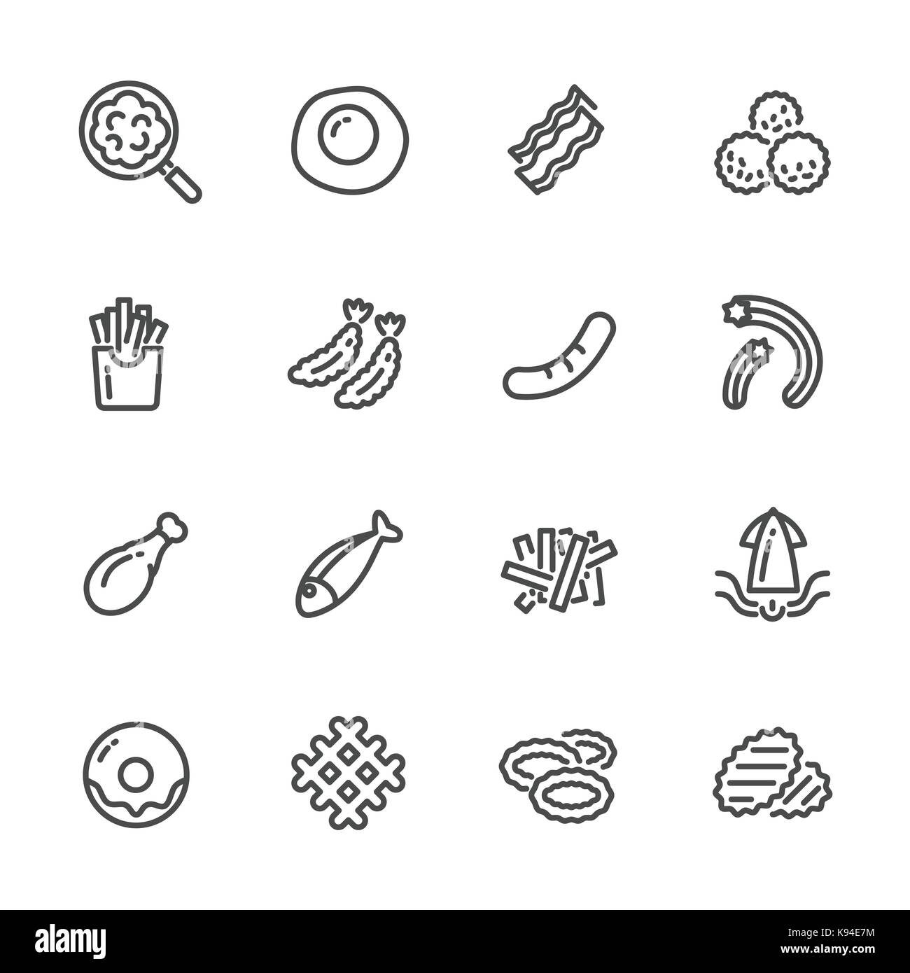 Les aliments frits et les aliments à forte teneur en gras mène à l'obésité. ligne vectorielle icons Illustration de Vecteur