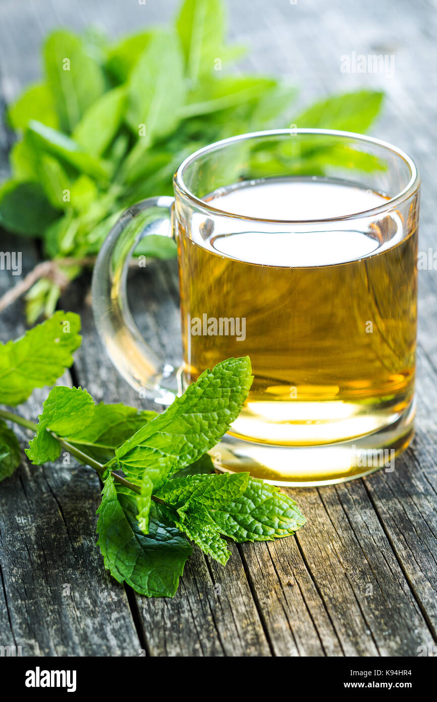 Thé à la menthe délicieux. Les feuilles de menthe et tasse de thé. Banque D'Images