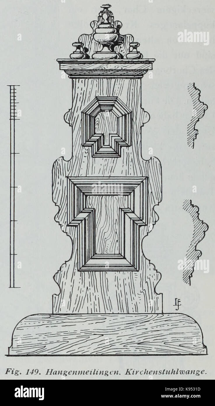 Cette entrée fait référence à une œuvre d'art ou à un objet intitulé 'Luthmer III 149 Hangenmeilingen Kirchenstuhlwange', qui peut représenter un banc d'église ou un artefact religieux de la région de Hangenmeilingen. Banque D'Images