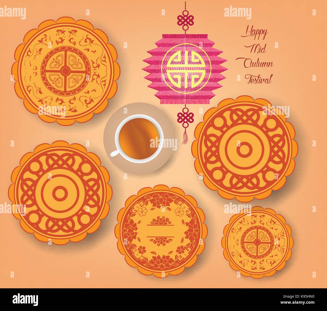 Festival de mi-automne chinois fond avec lanterne, thé et gâteaux Illustration de Vecteur