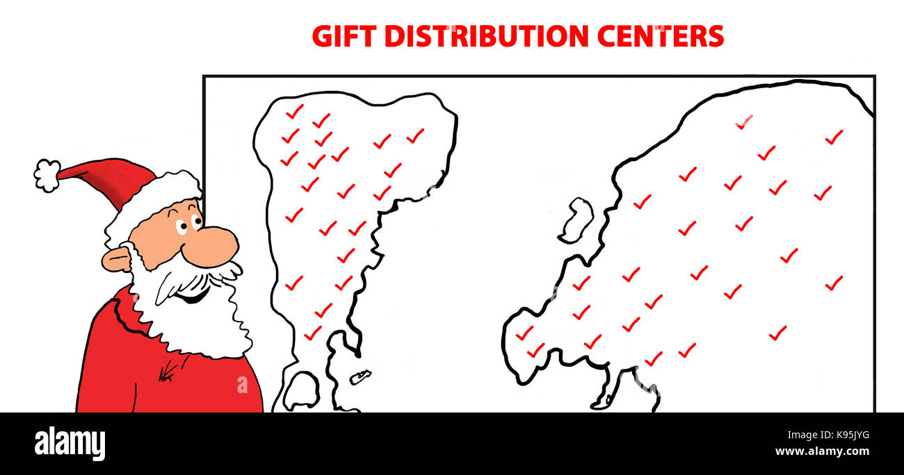 Cartoon illustration de Noël le père Noël à la recherche à l'échelle mondiale des centres de distribution de cadeaux. Banque D'Images