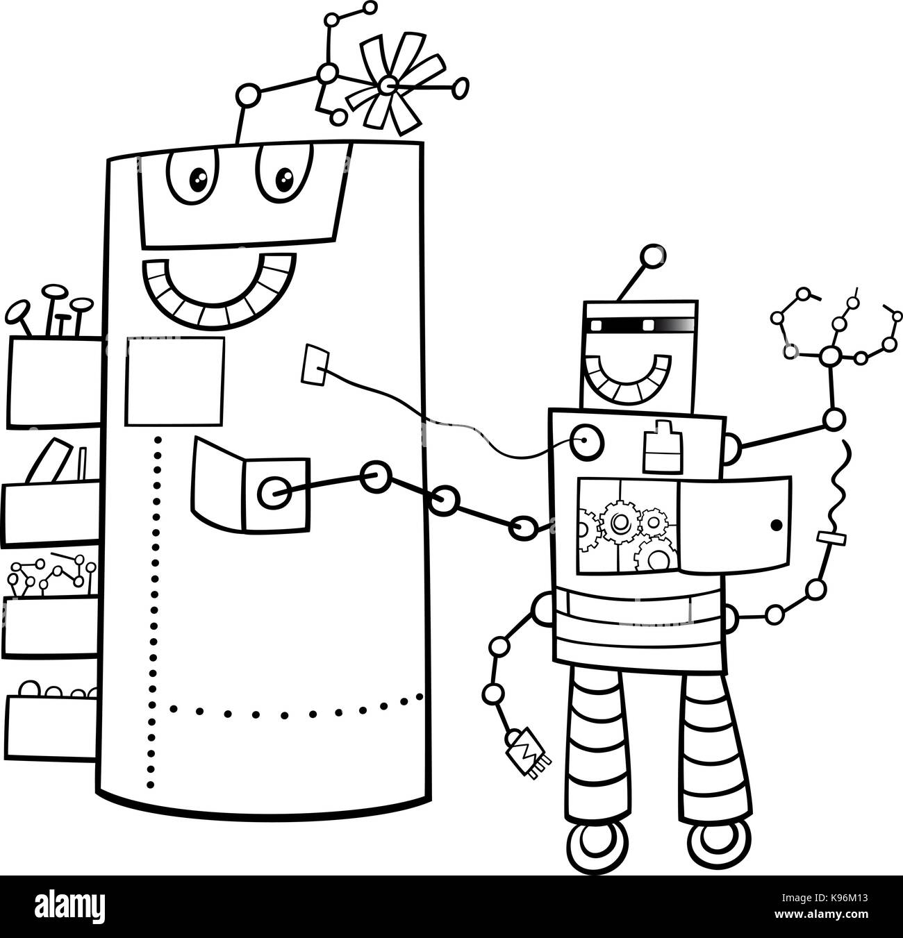 Cartoon noir et blanc Illustration de drôle de personnage de bande dessinée de science-fiction Robots Coloring Book Illustration de Vecteur